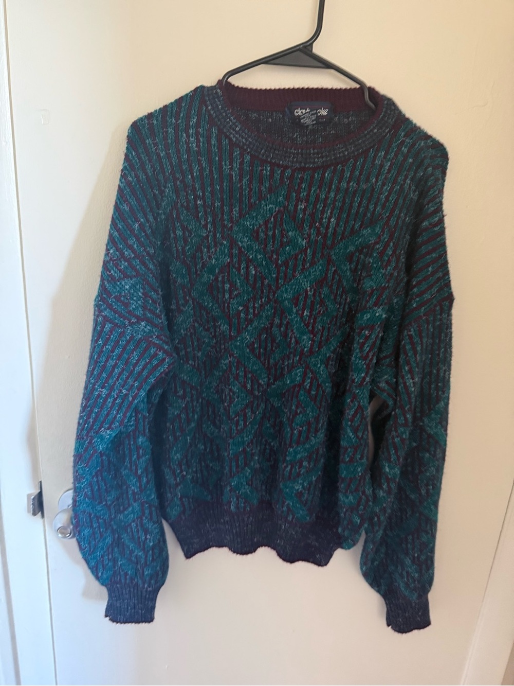 Vintage 90s Cozy Teal & Burgundy Patterned Women’s Sweater
